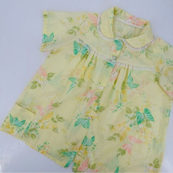 Vintage Button Up Pajama Top Peter Pan Collar Lace Butterflies Yellow Size L - Picture 10 of 10